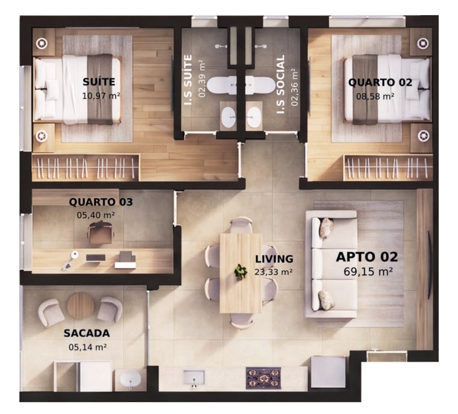 Planta do apartamento de 3 quartos com 69,15 m²