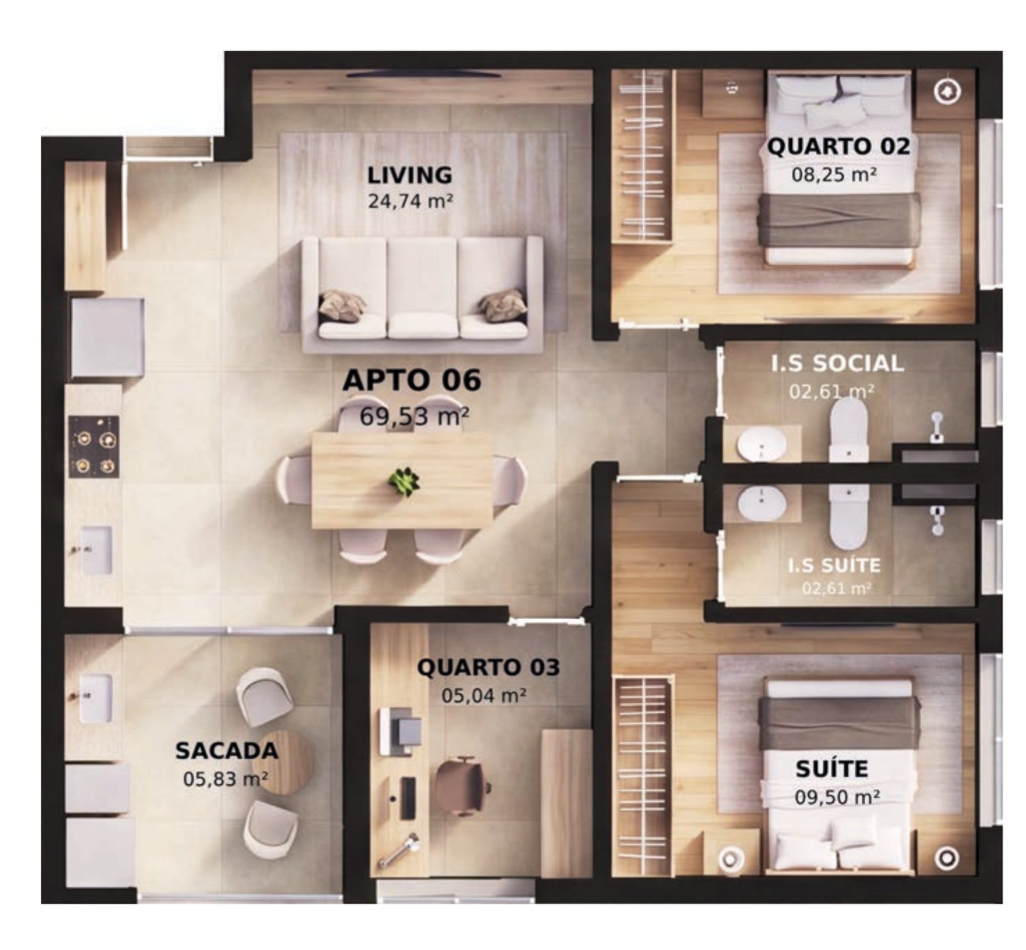 Planta do apartamento de 3 quartos com 69,53 m²