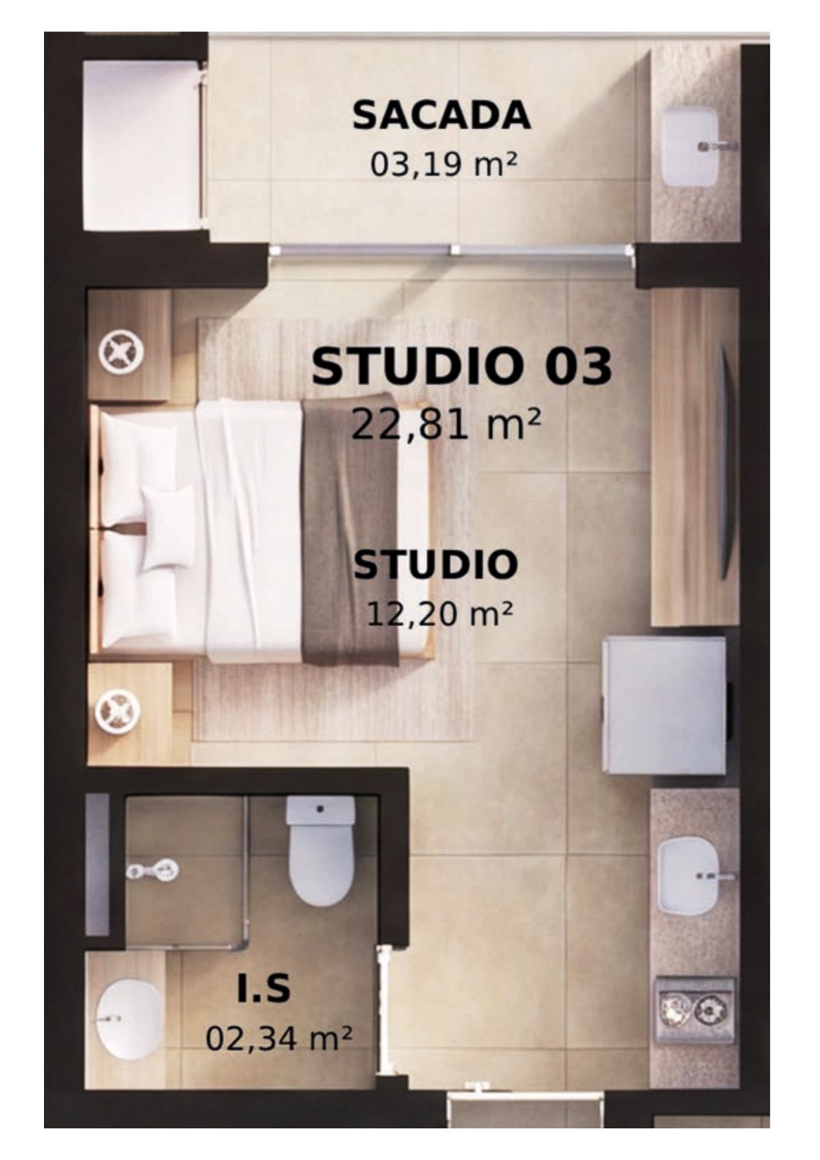 Planta do studio com 22,81 m²